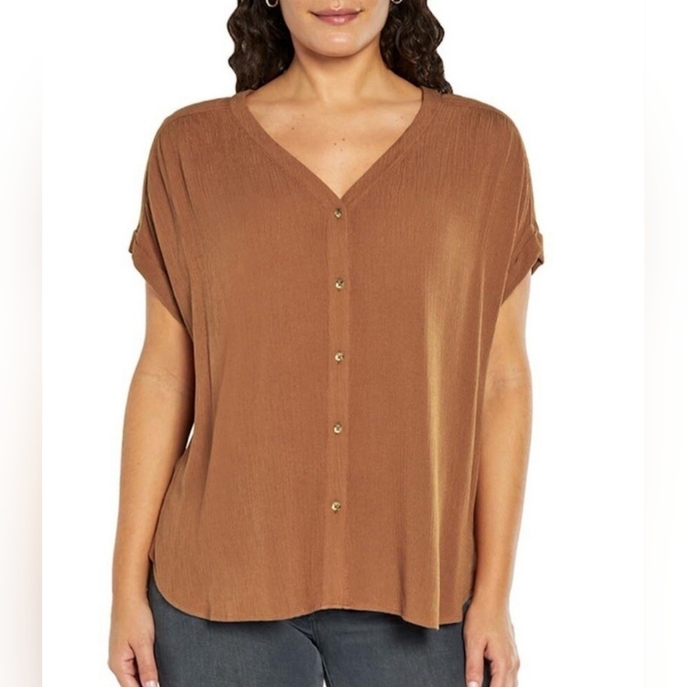 Orvis Women's Short Sleeve Gauzy Crinkle Button Down Top Tan Outdoor Size XXL